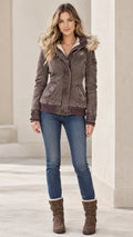 Women's washed brown hooded jacket with faux fur trim front view