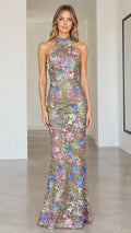 Full front view of model wearing taupe multi floral embroidered halter maxi dress