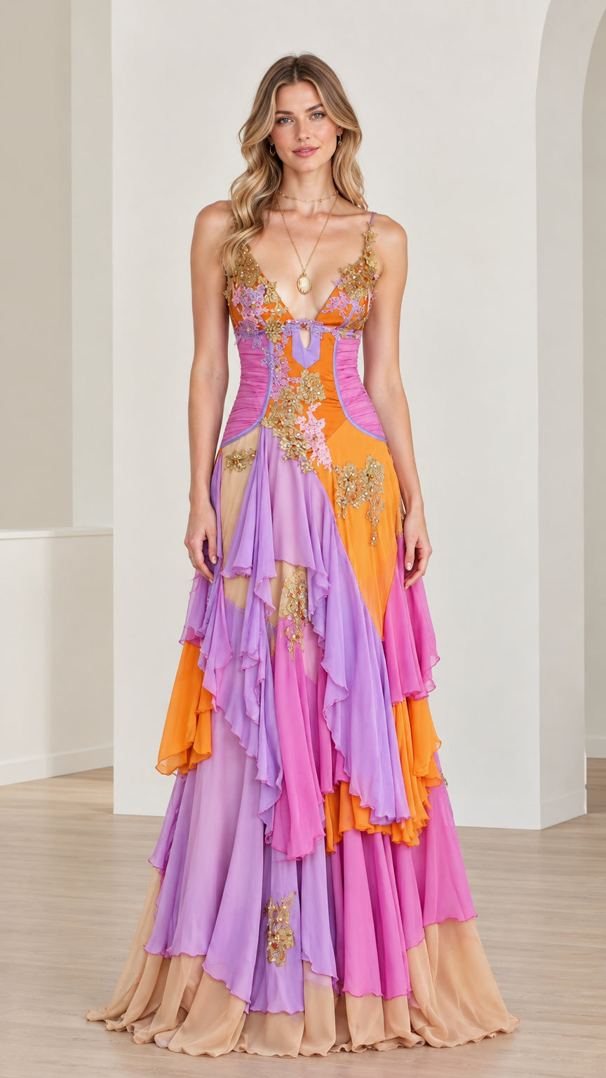 Front view of model wearing multicolor plunge neck tiered ruffle embroidered gown