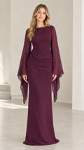 Front view of model wearing burgundy long flare sleeve ruched evening gown