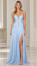 Front view of model wearing a light blue strapless rhinestone embellished evening gown with high leg slit