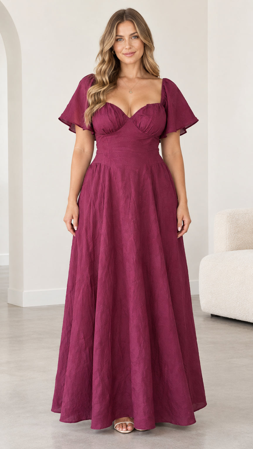 Front full view of woman wearing magenta sweetheart neckline flutter sleeve maxi dress
