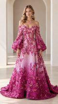 Front full-length view of model in ombre pink off-shoulder floral appliqué evening gown