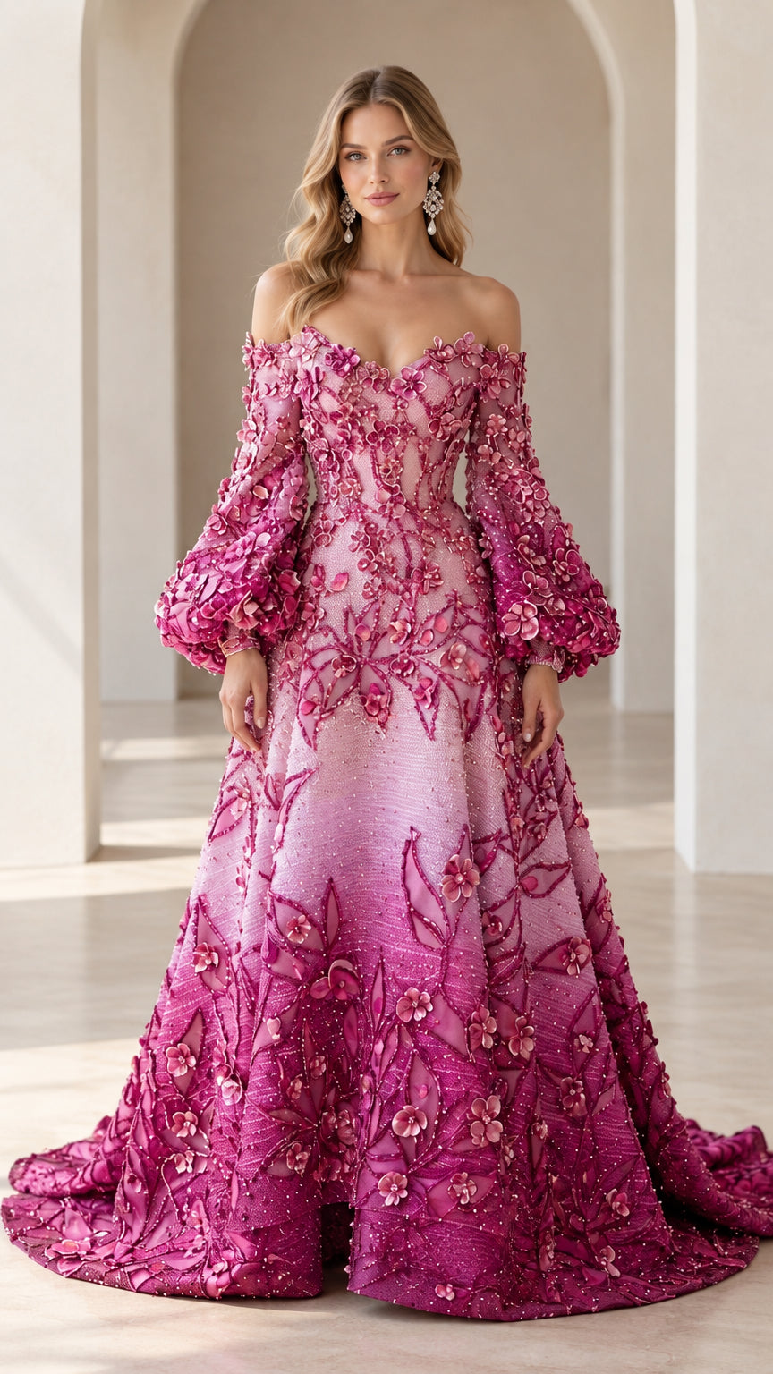 Front full-length view of model in ombre pink off-shoulder floral appliqué evening gown