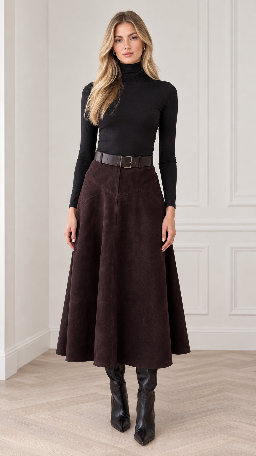 Front full view of woman wearing dark brown suede-look A-line midi skirt with black turtleneck and boots