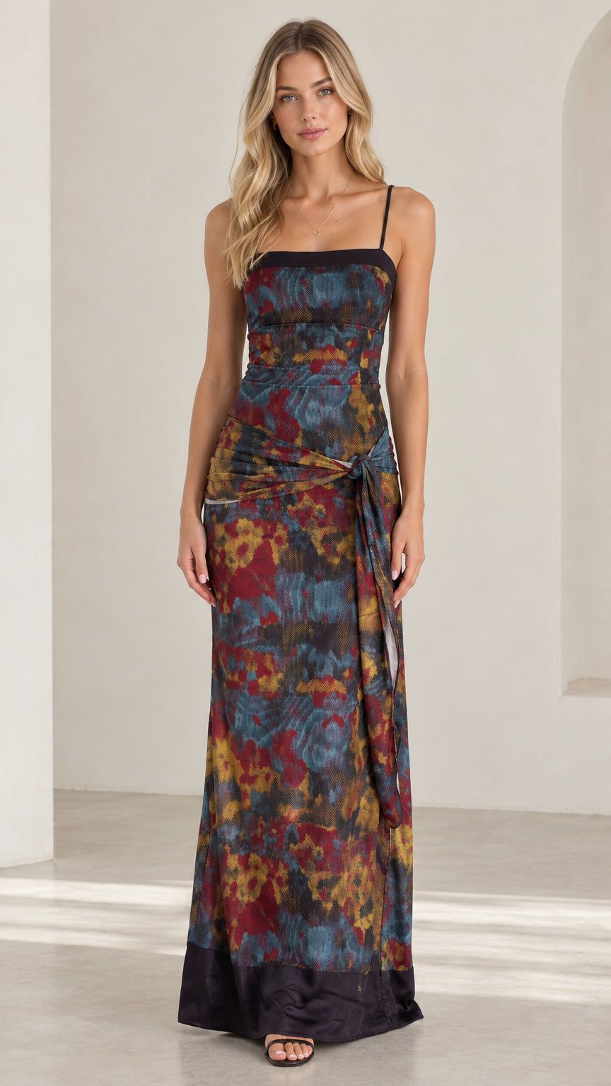 Full front view of model wearing Navy Multi abstract floral maxi dress with knotted waist detail