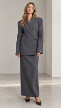 Full front view of Charcoal Grey tailored wrap blazer and column maxi skirt set