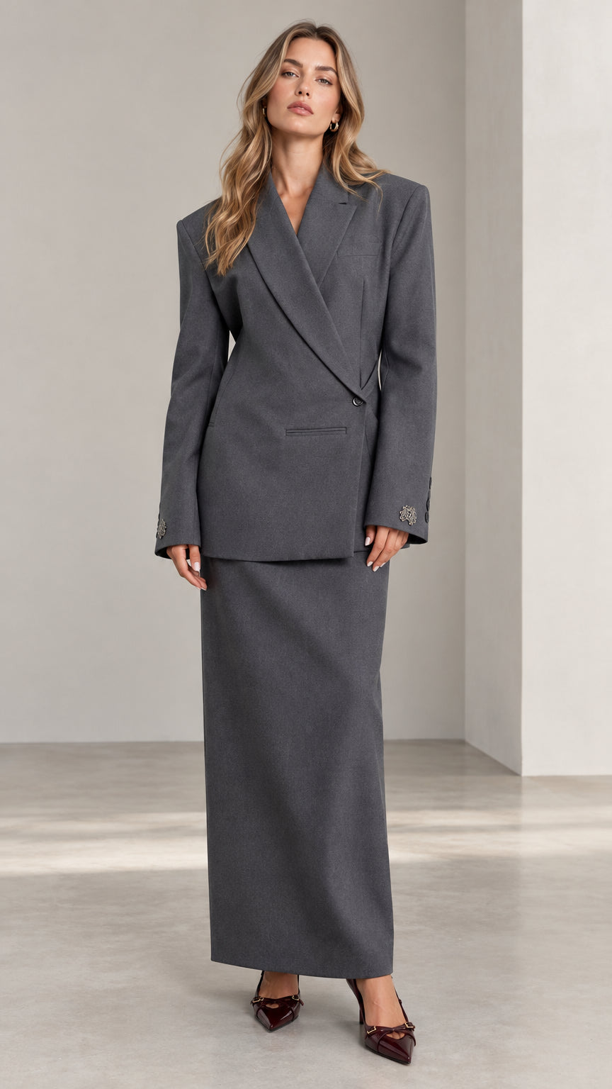 Full front view of Charcoal Grey tailored wrap blazer and column maxi skirt set