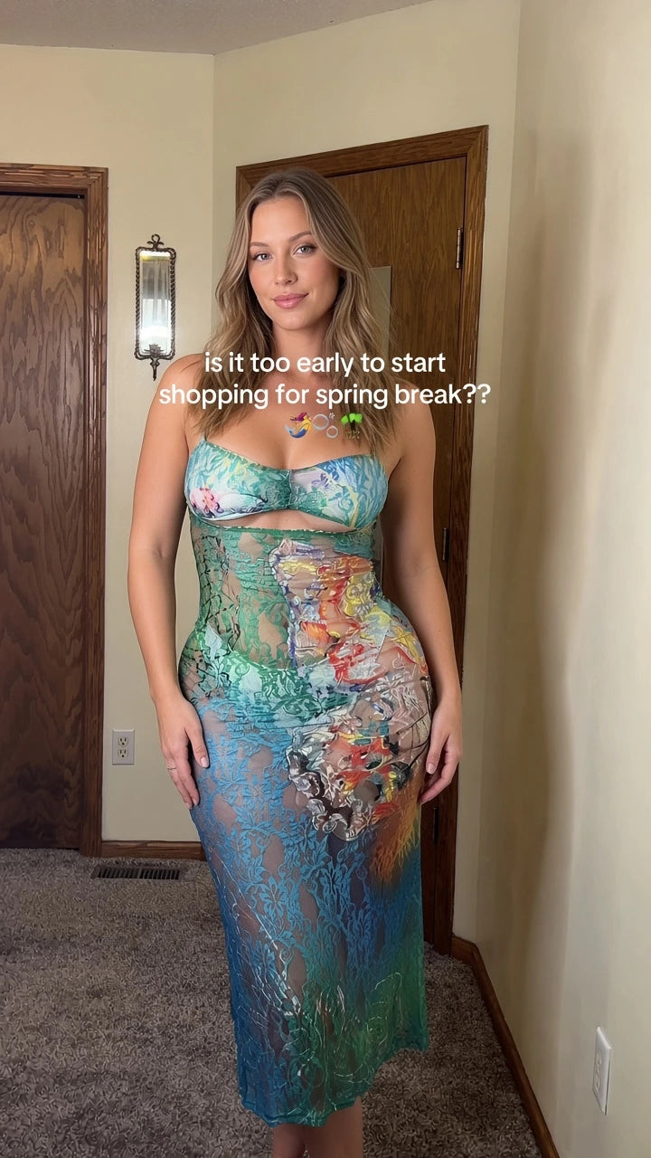 Full front view of model wearing Light Blue strapless floral lace cutout midi dress