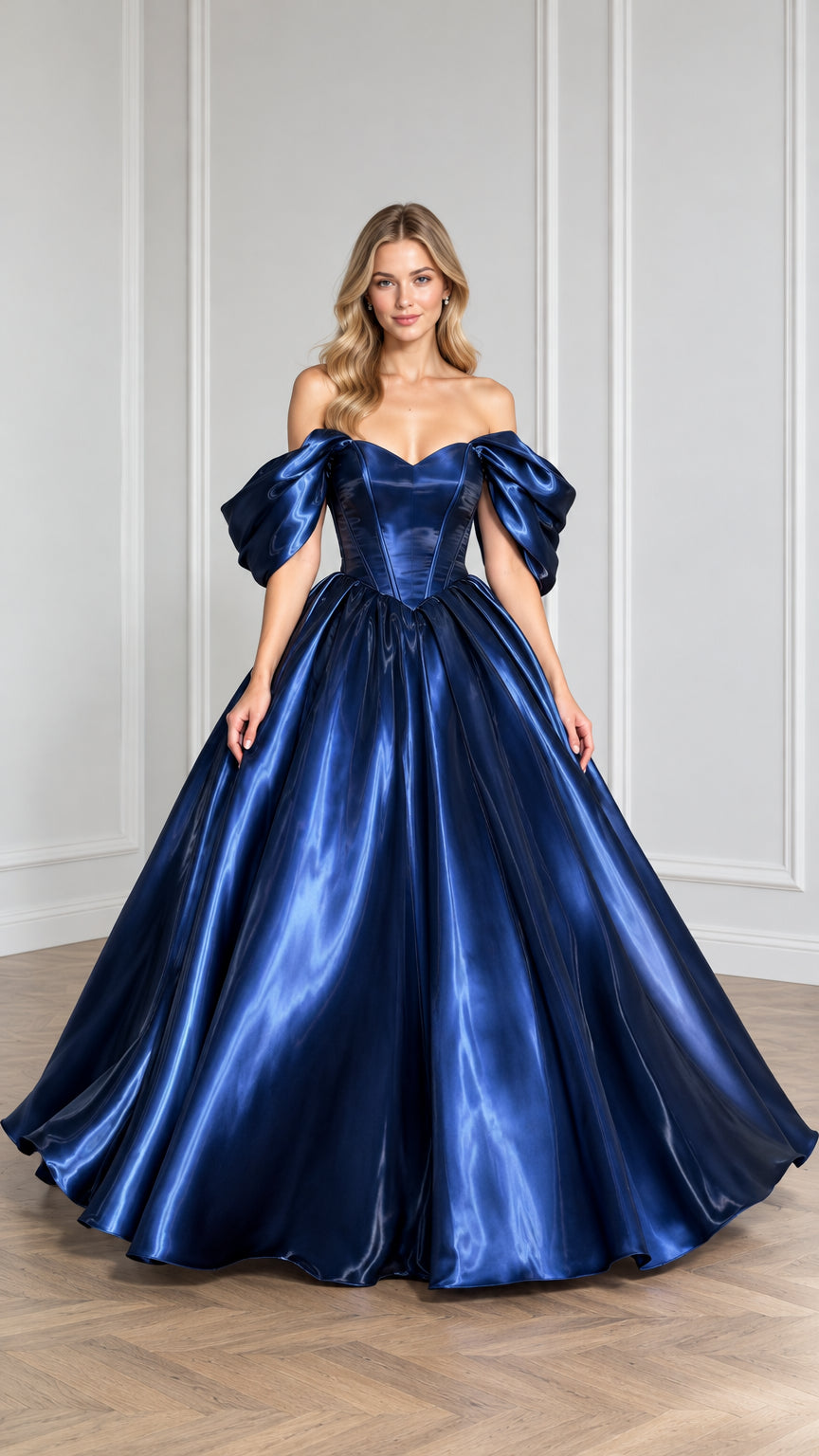 Front view of model wearing royal navy blue off-the-shoulder satin ballgown with puff sleeves