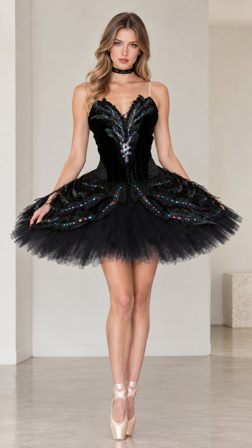 Front full view of black velvet corset ballet tutu dress with sequin leaf embellishments