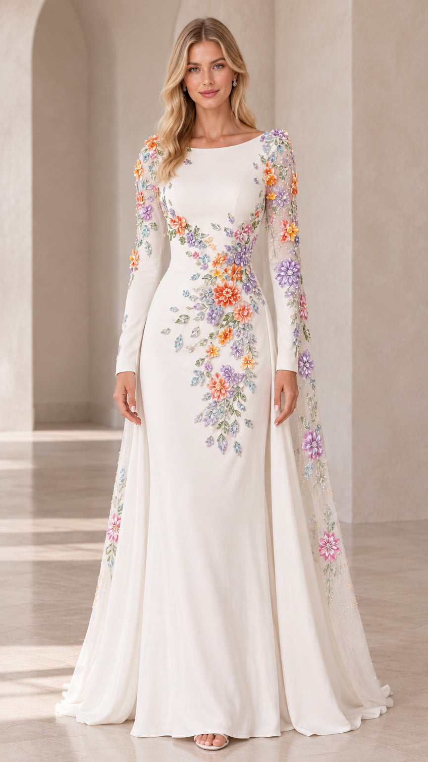 Front view of woman wearing white long-sleeve evening gown with colorful 3D floral embroidery and cape sleeve