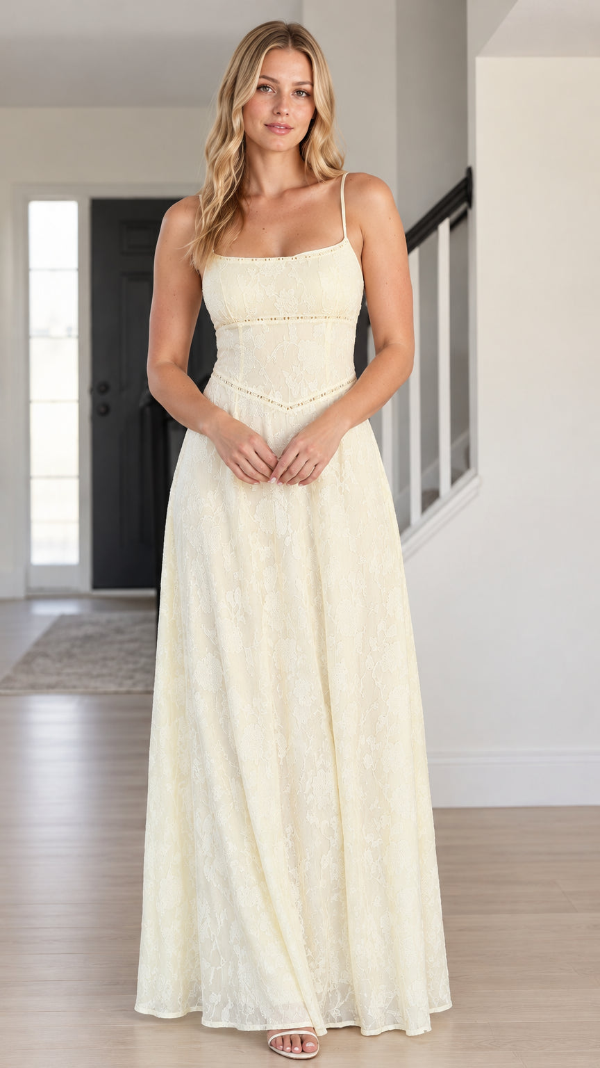 Front full-length view of woman wearing ivory floral lace spaghetti strap maxi dress