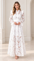 Front full view of white floral lace collared maxi dress with long flounce sleeves