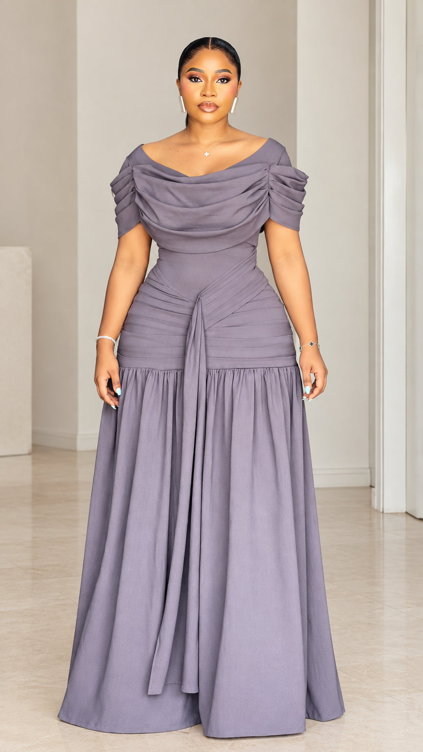 Front view of woman wearing dusty purple off-the-shoulder ruched draped evening maxi dress