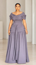 Front view of woman wearing dusty purple off-the-shoulder ruched draped evening maxi dress