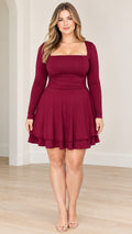 Burgundy long sleeve square neck ruched skater mini dress front view