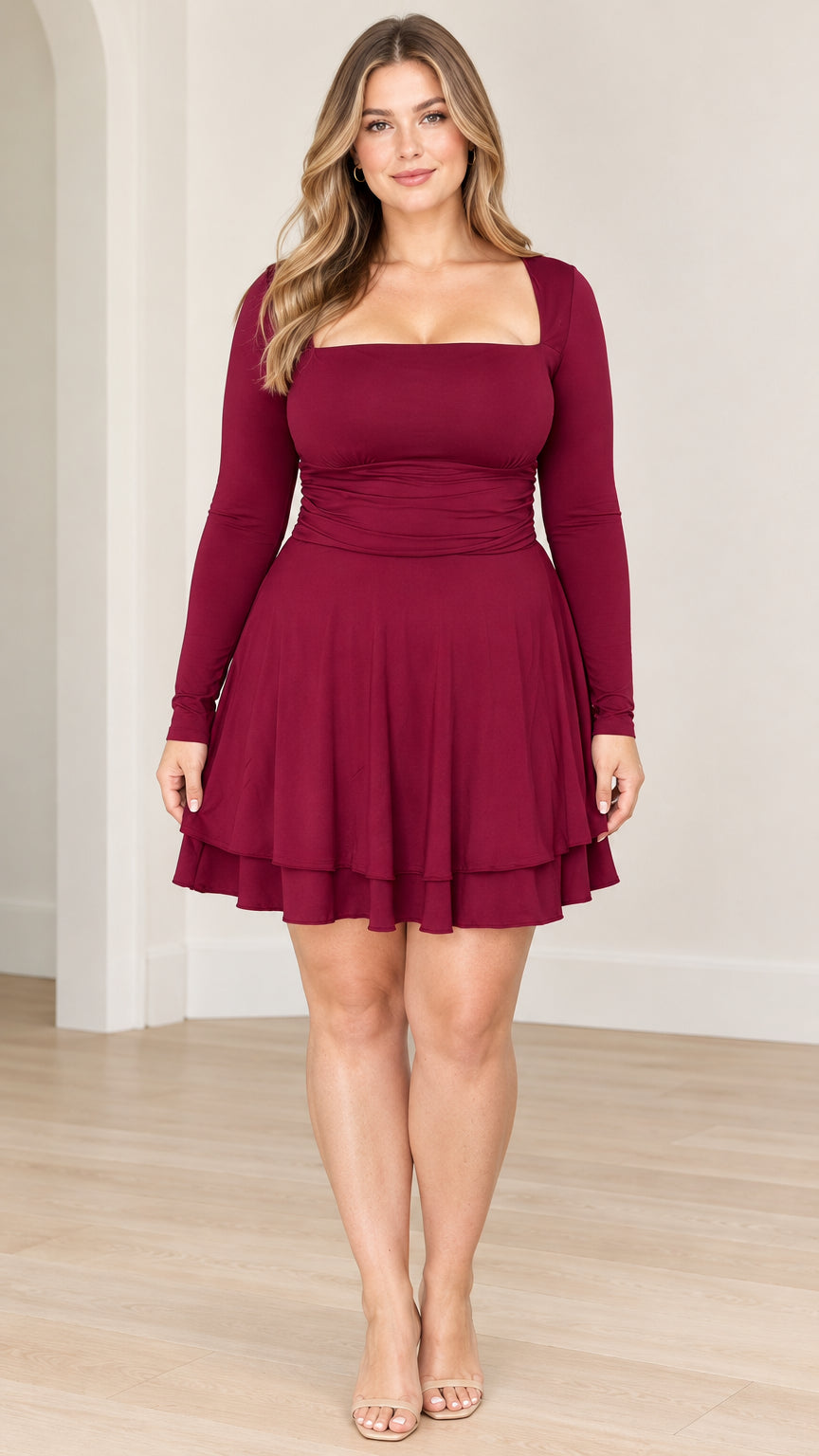 Burgundy long sleeve square neck ruched skater mini dress front view