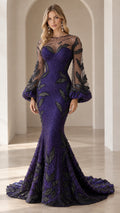 Front full-length view of royal purple beaded mermaid evening gown with illusion neckline and sheer bishop sleeves