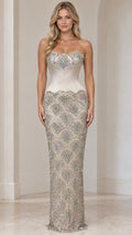 Full front view of model wearing champagne strapless basque waist beaded evening gown