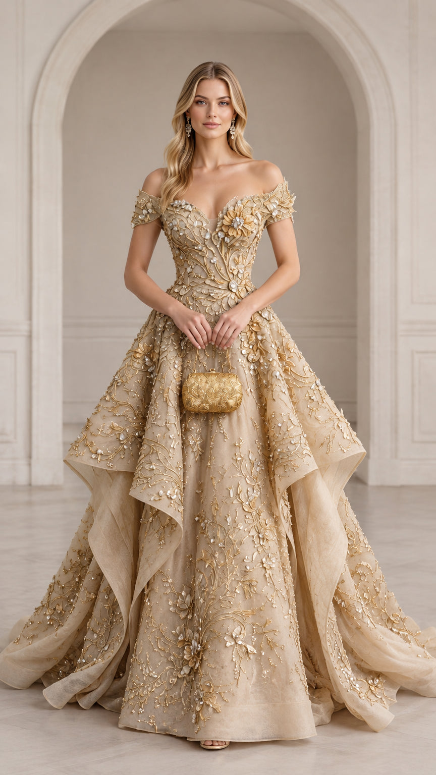 Front view of woman wearing gold off-the-shoulder 3D floral embroidered tiered ball gown