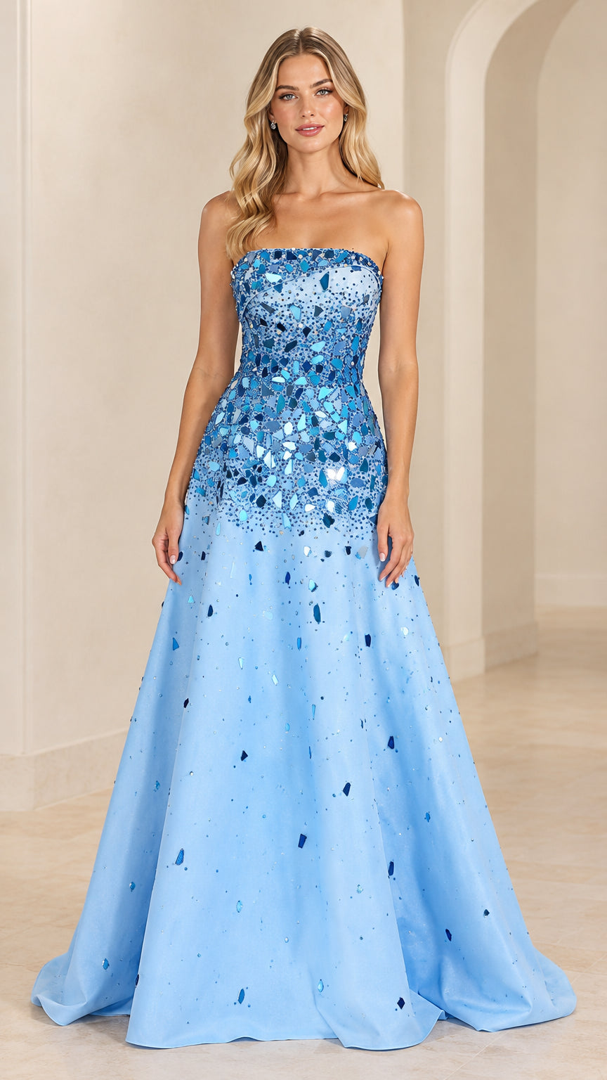 Front full view of woman wearing strapless sky blue embellished ombré A-line evening gown