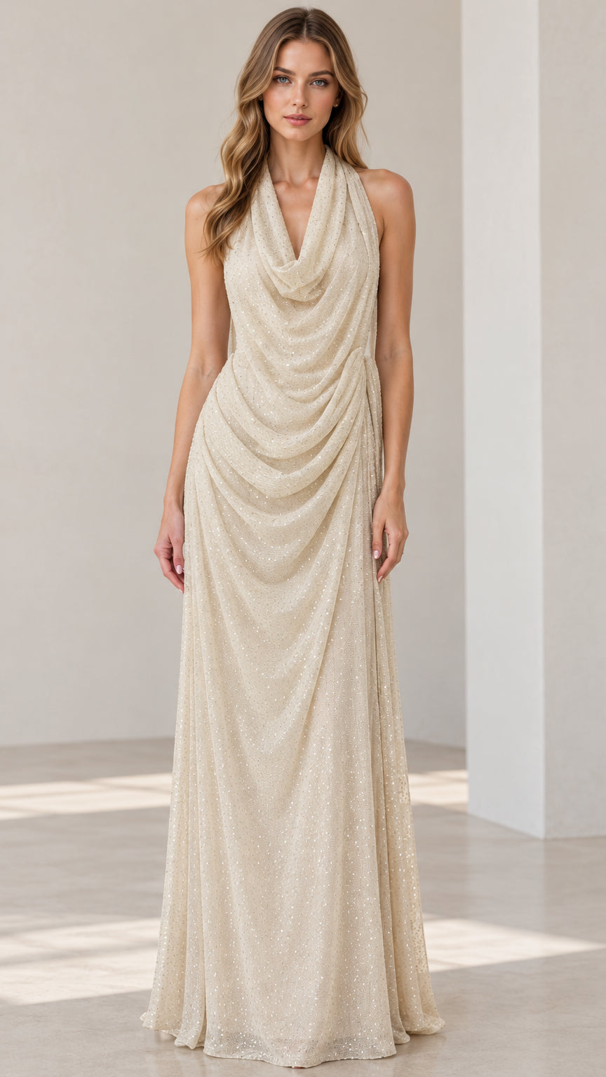 Model wearing Champagne halter cowl neck draped sequin maxi gown front view