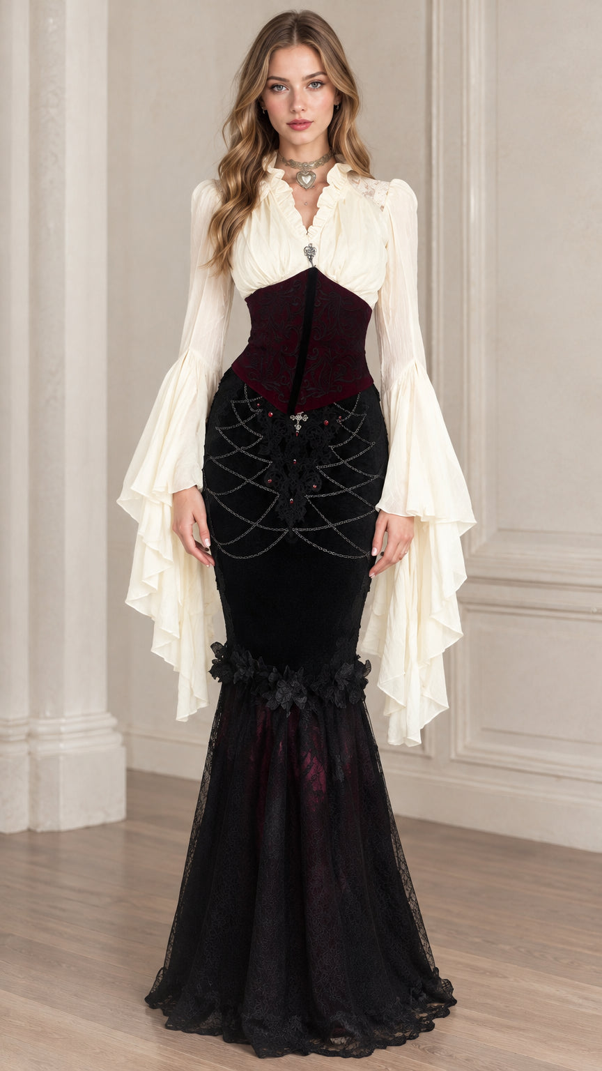 Front view of model wearing black and burgundy gothic renaissance mermaid maxi dress with flared bell sleeves