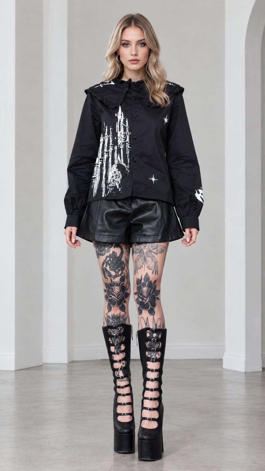 Full front view of model wearing black gothic castle print ruffled collar blouse with faux leather shorts and platform boots