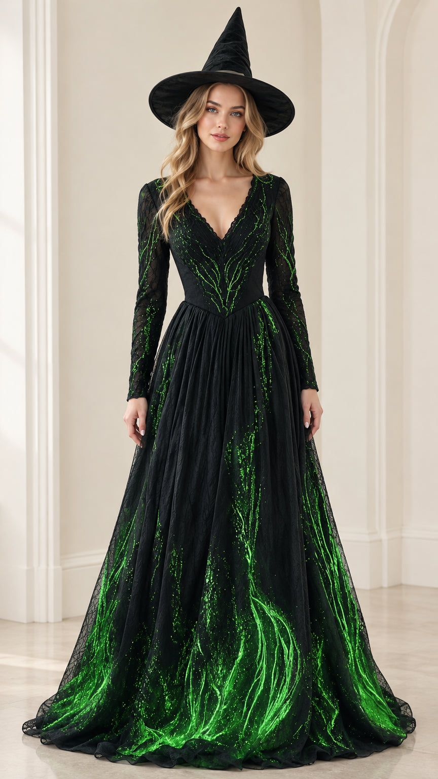 Front view of model wearing black glitter branch embroidered V-neck maxi evening gown with matching witch hat
