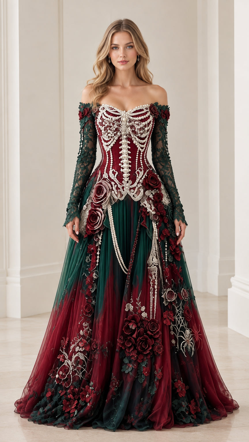 Front view of burgundy and forest green off-shoulder beaded corset ball gown with lace sleeves