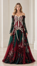 Front view of burgundy and forest green off-shoulder beaded corset ball gown with lace sleeves