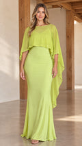 Front full view of woman wearing lime green capelet overlay formal maxi dress
