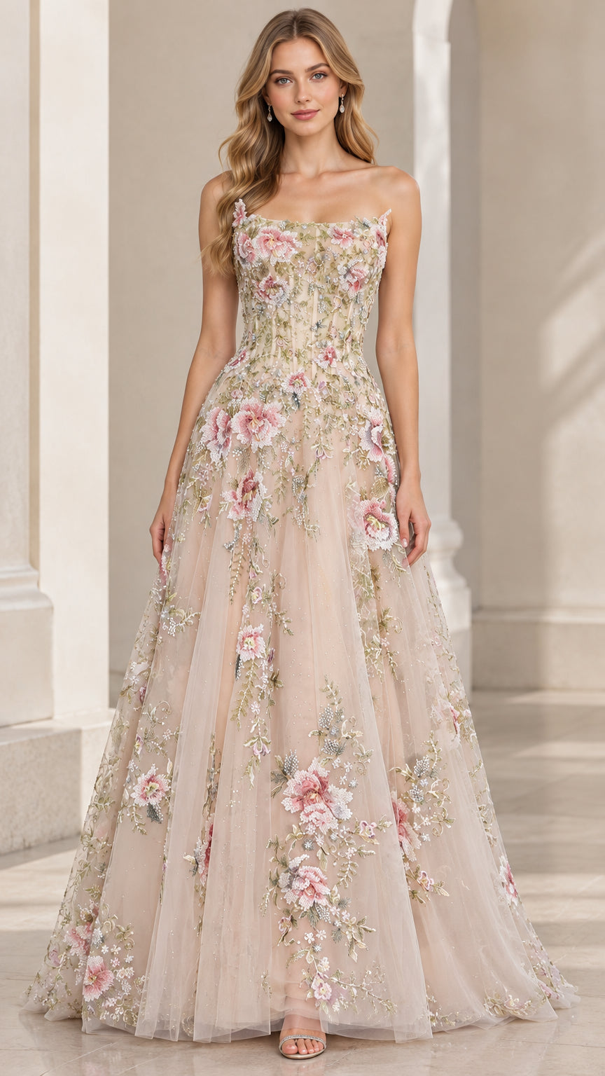 Champagne floral embroidered corset evening gown front view