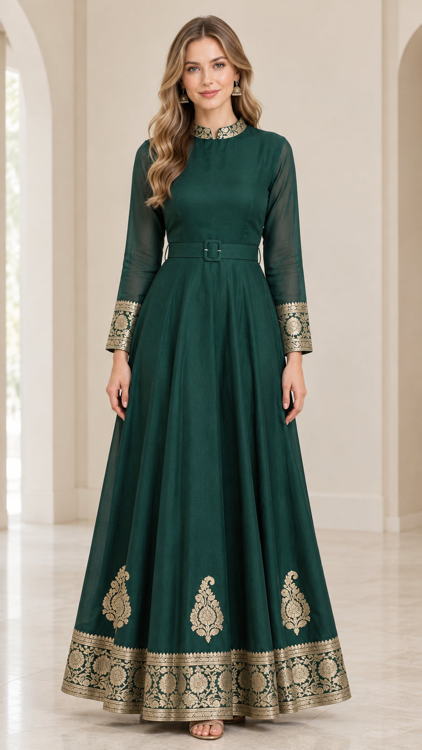 Front view of woman wearing emerald green long-sleeve embroidered maxi dress with matching belt