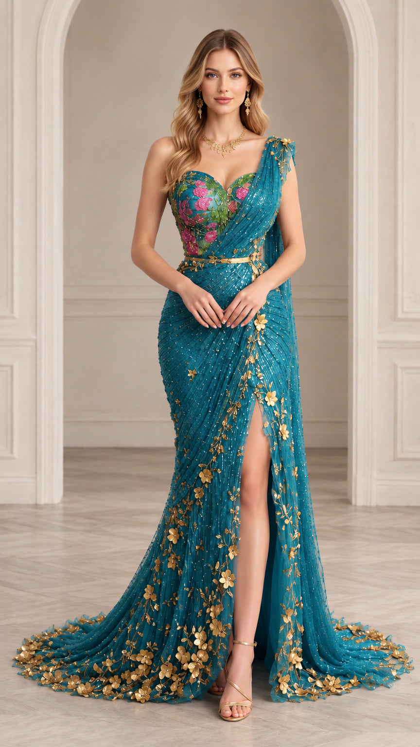 Full front view of teal one-shoulder mermaid evening gown with floral embroidered bust and gold accents