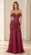 Full-length front view of burgundy off-the-shoulder beaded evening dress with fringe straps