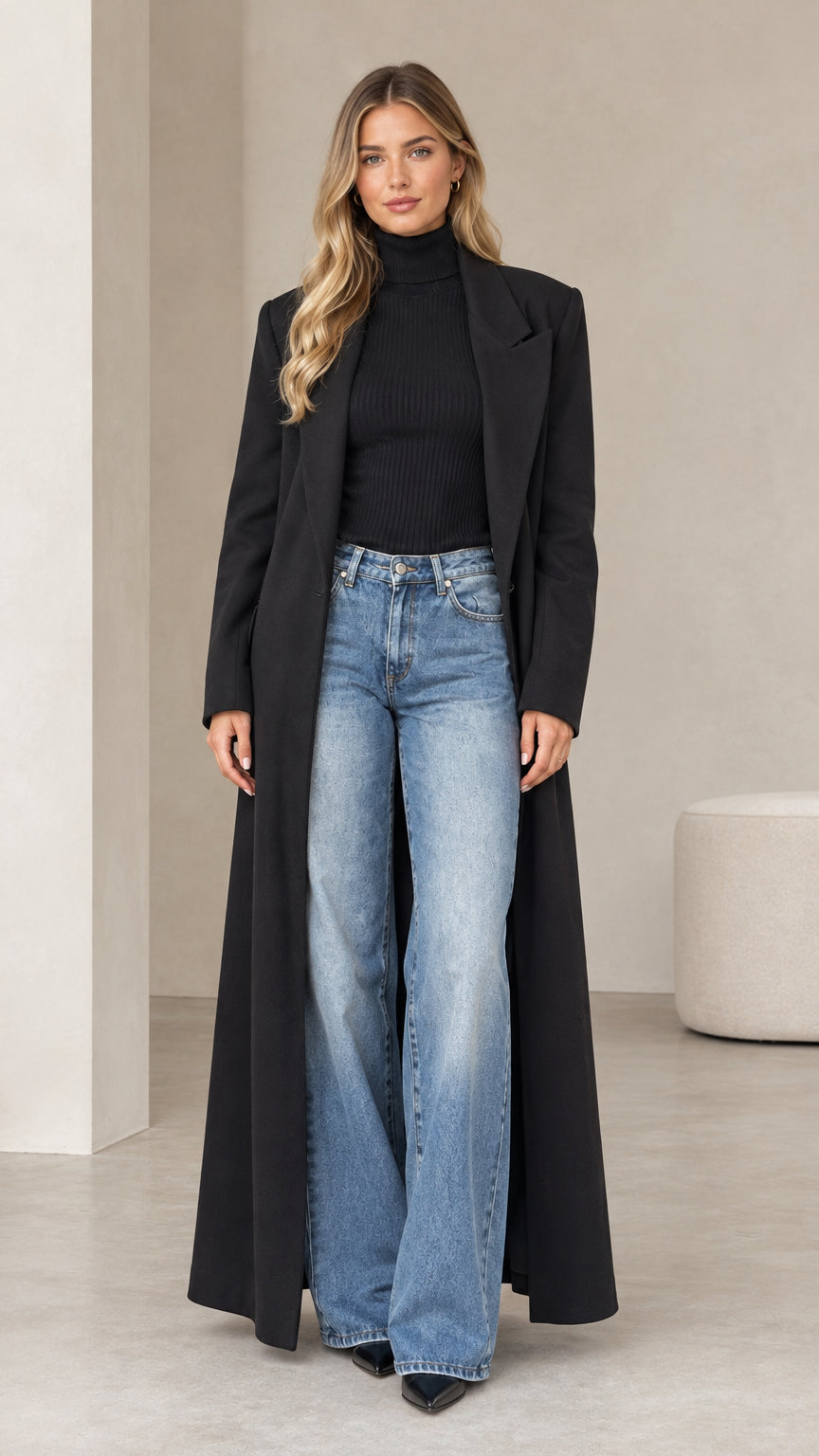 Front full view of woman wearing black floor-length tailored maxi coat with jeans and black turtleneck