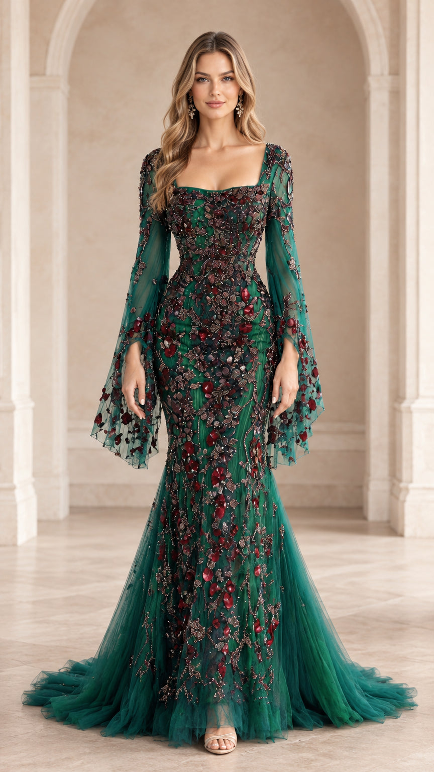 Front view of emerald green square neck mermaid evening gown with floral beadwork and flared bell sleeves