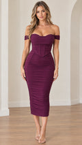 Front view of model wearing the plum off-the-shoulder corset ruched midi dress