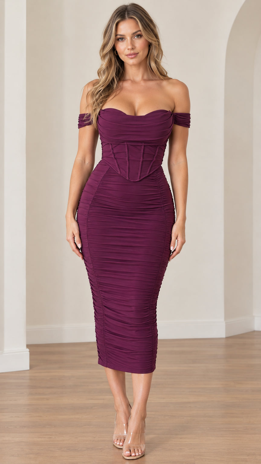Front view of model wearing the plum off-the-shoulder corset ruched midi dress