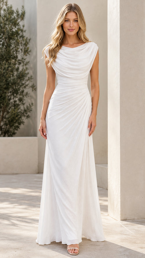 White cowl neck draped maxi formal gown front view