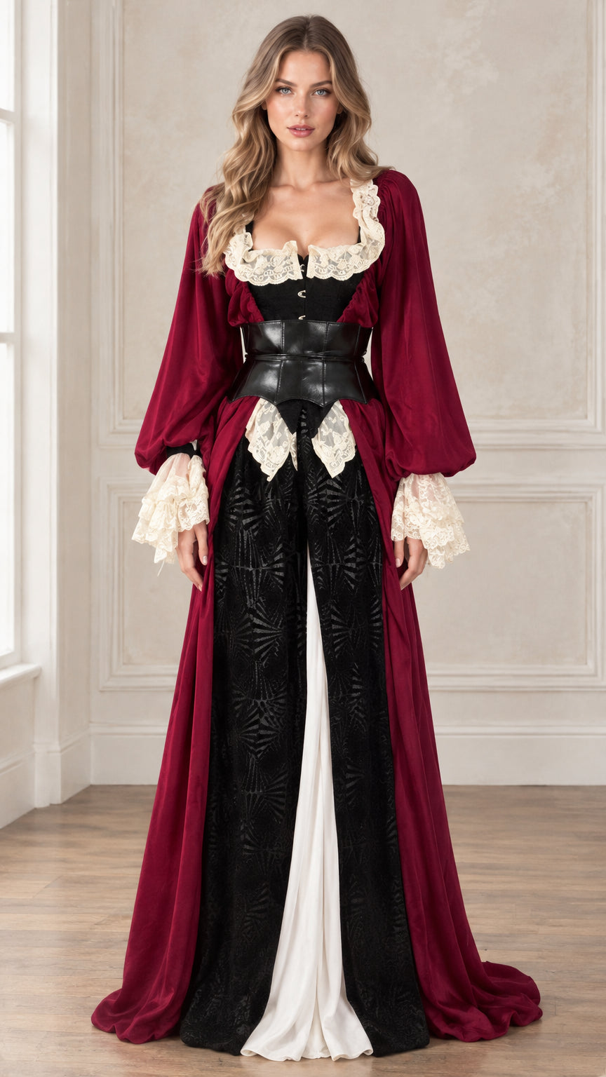 Front view of model wearing Wine Red Gothic Renaissance velvet corset maxi dress with lace trim