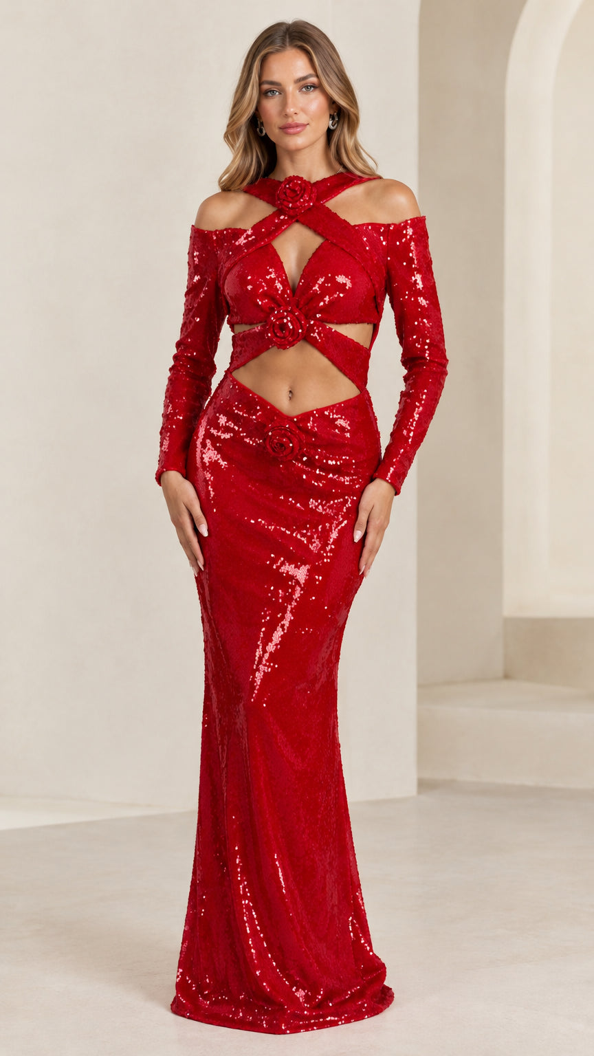 Front view of model wearing a red long sleeve sequin cutout evening maxi gown with rosette accents