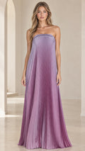 Front view of model wearing a purple ombre strapless pleated maxi dress