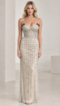 Full front view of Champagne rhinestone sweetheart maxi evening gown with bow straps