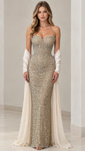 Front view of model wearing champagne strapless rhinestone sweetheart evening gown with white draped sleeves