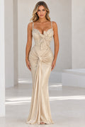 Champagne shimmer mermaid evening gown with floral appliqué and rhinestone straps front view