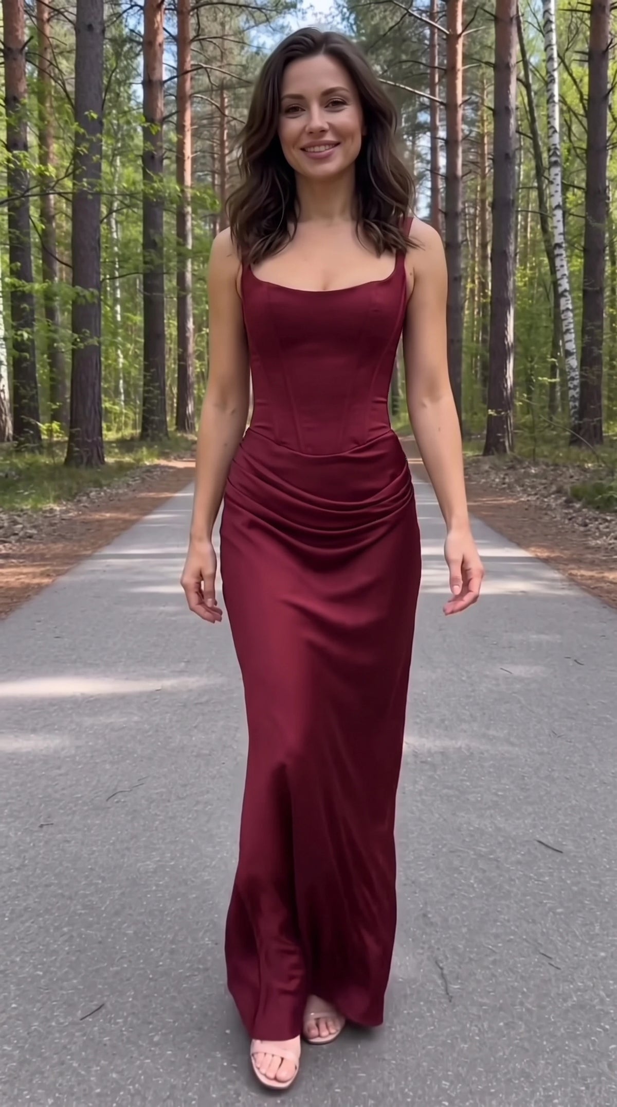 Front view of model wearing a burgundy square-neck corset maxi dress with ruched hips