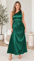 Front full-length view of woman wearing emerald green one-shoulder pleated satin maxi dress